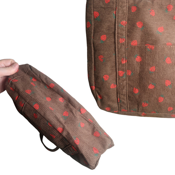 Corduroy Tote Bag Brown Strawberry Printed Grandmacore Cottagecore NWT - Picture 4 of 7